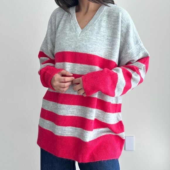 Ny company striped oversized v Neck sweater sz Large - Picture 1 of 8
